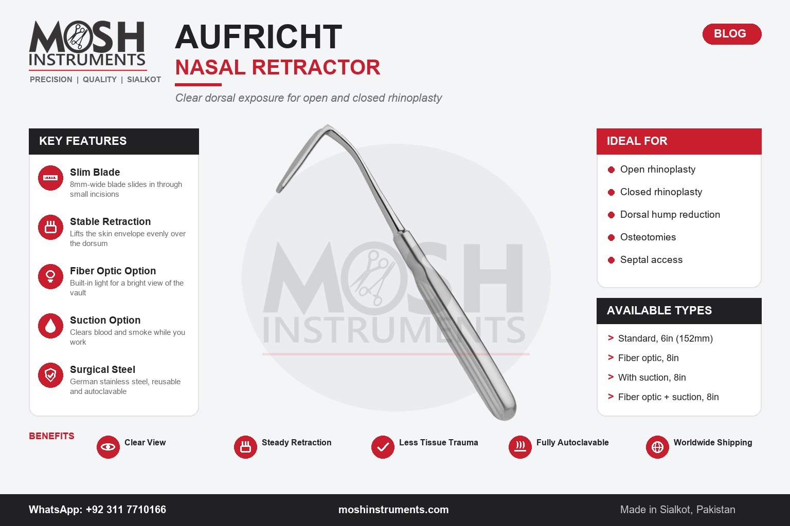 Aufricht nasal retractor infographic: key features, uses in rhinoplasty and available types - Mosh Instruments