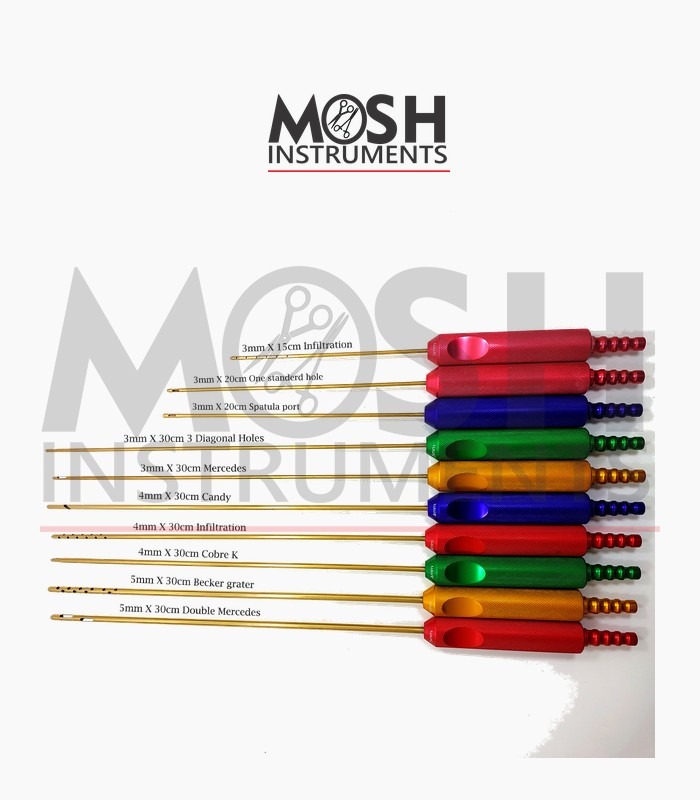 Body and facial liposuction cannula set with coloured handles Body and facial liposuction cannula set with coloured handles