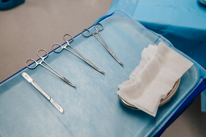 Surgical instruments laid out on a sterile instrument tray